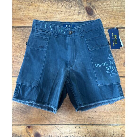 NWT Polo Ralph Lauren Boys Dark Gray US-RL Naval Cargo Raw Hem Shorts Size 8 - Picture 1 of 9
